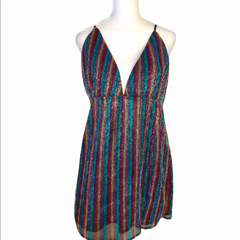 Superdown Rainbow Striped Metallic V-Neck Mini Dress Size XL